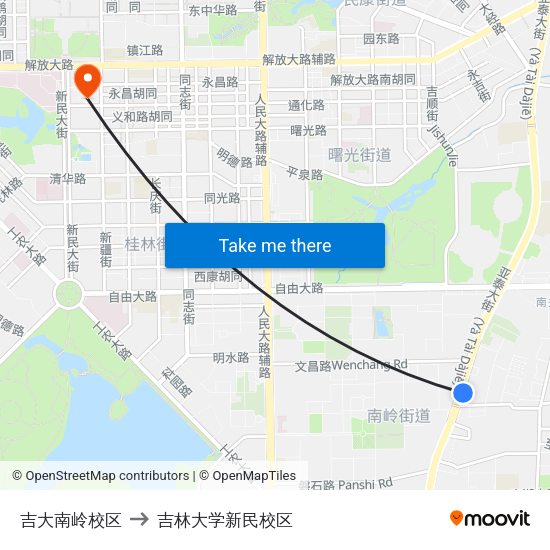 吉大南岭校区 to 吉林大学新民校区 map