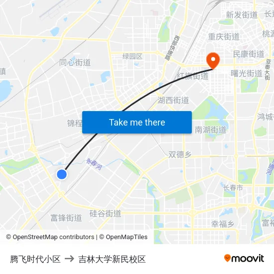 腾飞时代小区 to 吉林大学新民校区 map
