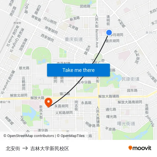北安街 to 吉林大学新民校区 map