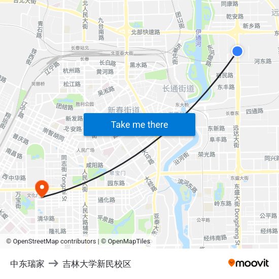 中东瑞家 to 吉林大学新民校区 map