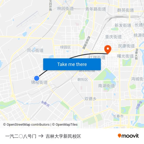 一汽二〇八号门 to 吉林大学新民校区 map