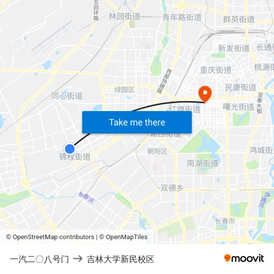一汽二〇八号门 to 吉林大学新民校区 map