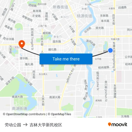 劳动公园 to 吉林大学新民校区 map