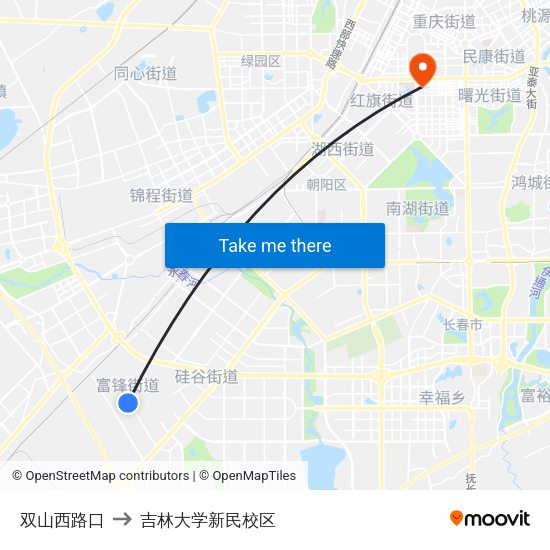 双山西路口 to 吉林大学新民校区 map