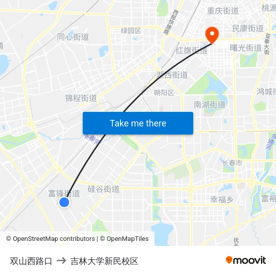 双山西路口 to 吉林大学新民校区 map