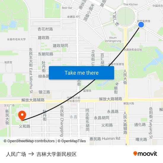 人民广场 to 吉林大学新民校区 map