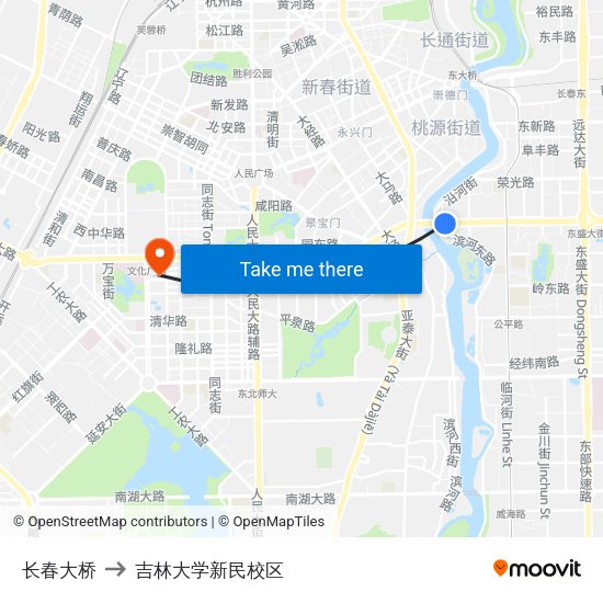 长春大桥 to 吉林大学新民校区 map