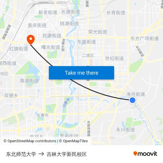 东北师范大学 to 吉林大学新民校区 map