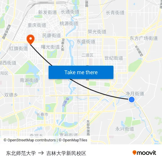 东北师范大学 to 吉林大学新民校区 map