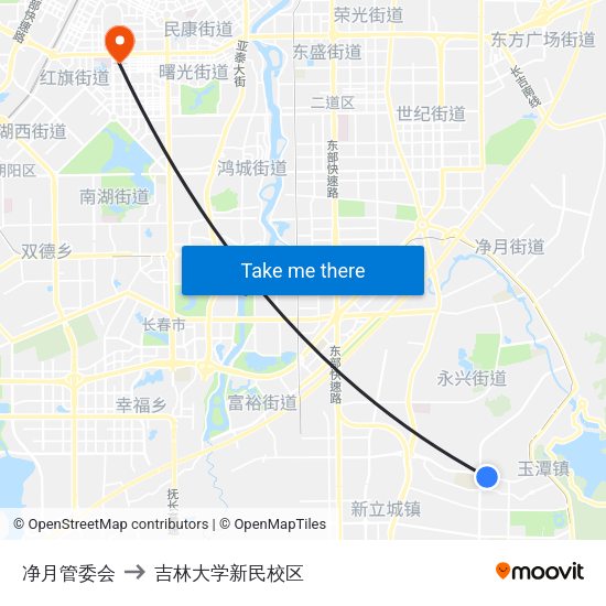净月管委会 to 吉林大学新民校区 map