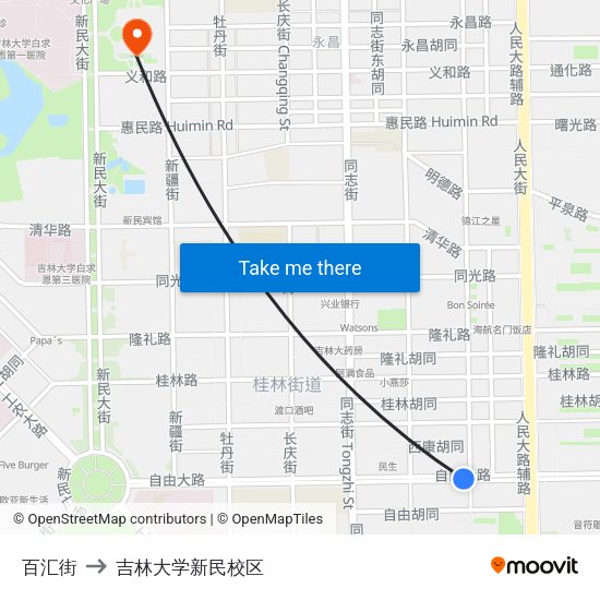 百汇街 to 吉林大学新民校区 map