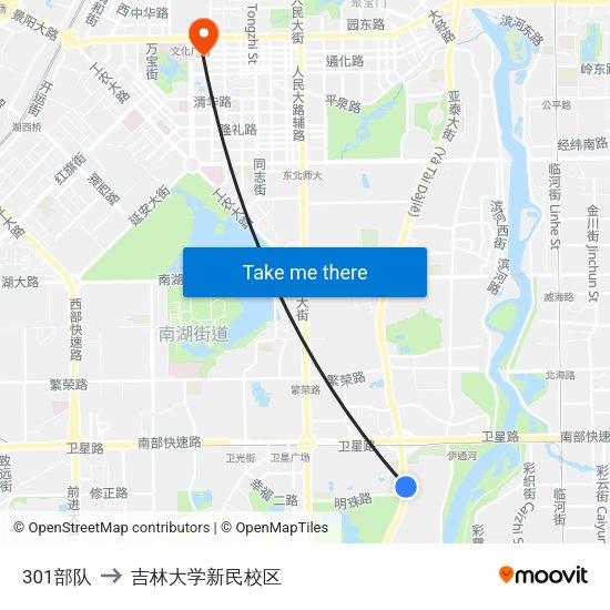 301部队 to 吉林大学新民校区 map
