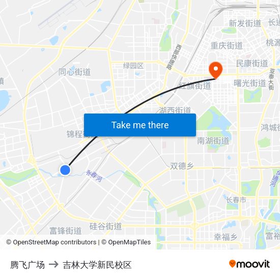 腾飞广场 to 吉林大学新民校区 map