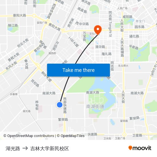 湖光路 to 吉林大学新民校区 map