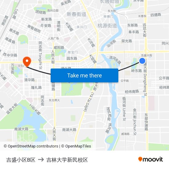 吉盛小区B区 to 吉林大学新民校区 map