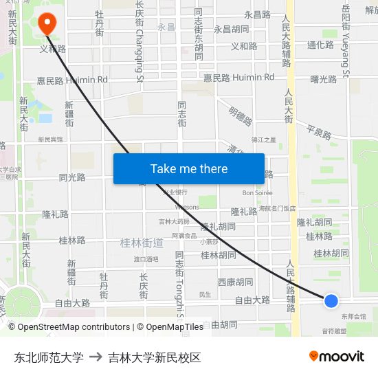 东北师范大学 to 吉林大学新民校区 map