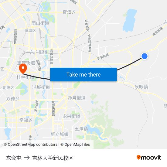 东套屯 to 吉林大学新民校区 map