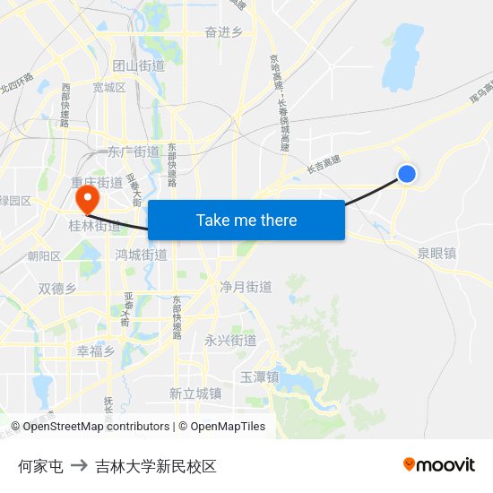 何家屯 to 吉林大学新民校区 map