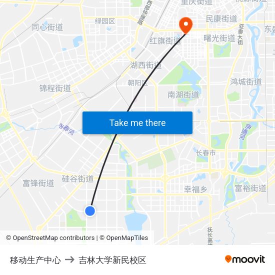 移动生产中心 to 吉林大学新民校区 map