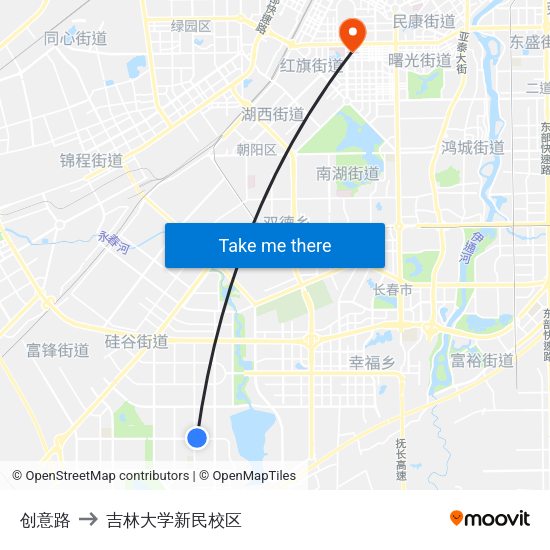 创意路 to 吉林大学新民校区 map
