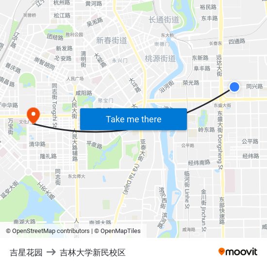 吉星花园 to 吉林大学新民校区 map