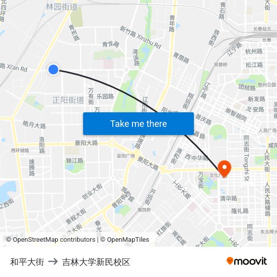 和平大街 to 吉林大学新民校区 map