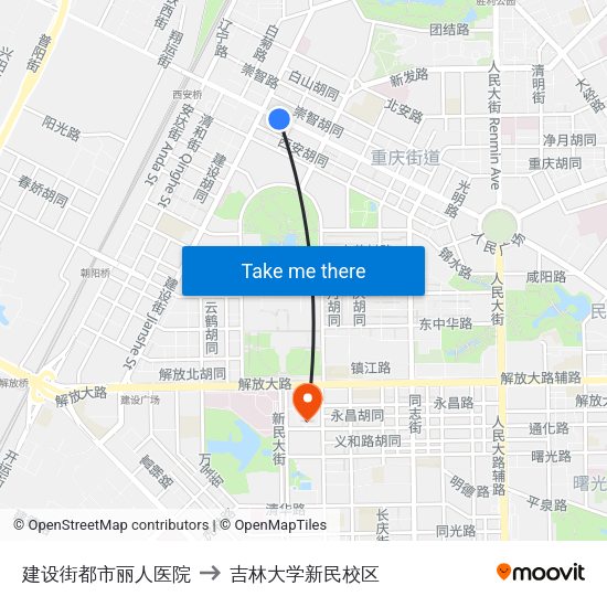 建设街都市丽人医院 to 吉林大学新民校区 map