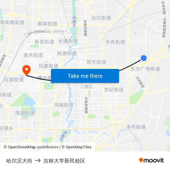 哈尔滨大街 to 吉林大学新民校区 map