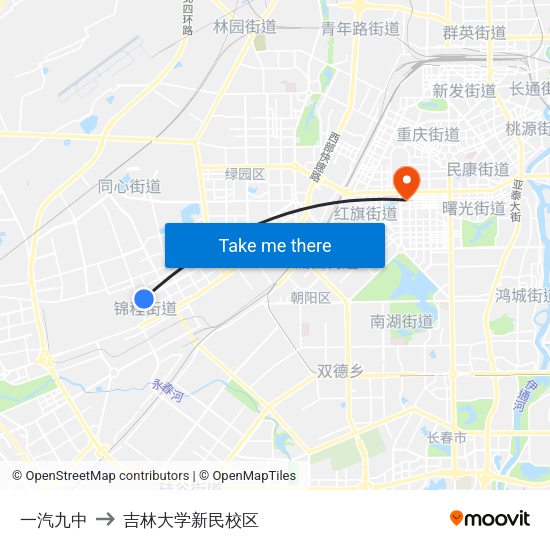 一汽九中 to 吉林大学新民校区 map