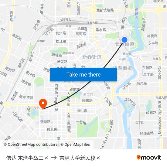 信达·东湾半岛二区 to 吉林大学新民校区 map