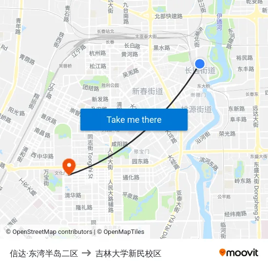 信达·东湾半岛二区 to 吉林大学新民校区 map