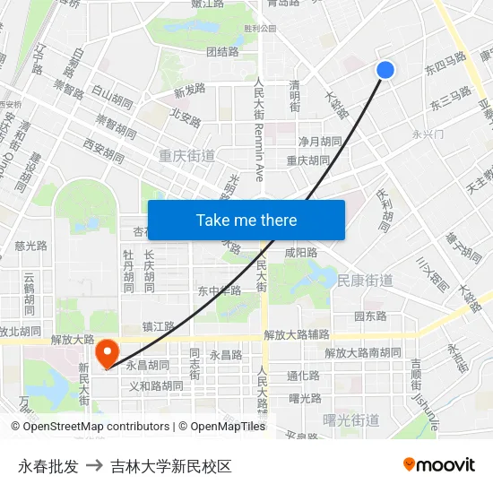 永春批发 to 吉林大学新民校区 map