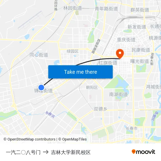 一汽二〇八号门 to 吉林大学新民校区 map