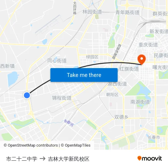 市二十二中学 to 吉林大学新民校区 map
