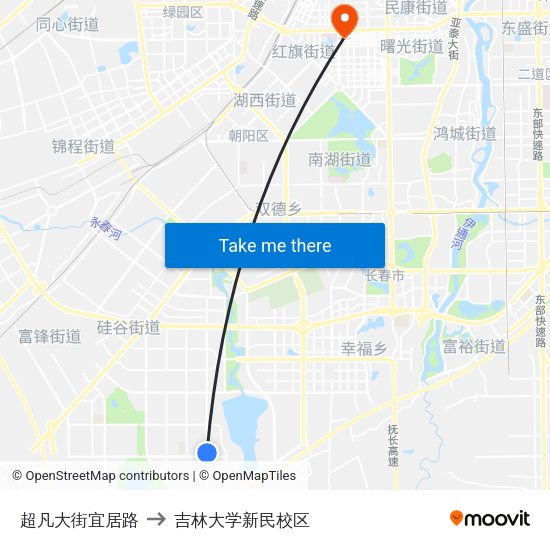 超凡大街宜居路 to 吉林大学新民校区 map