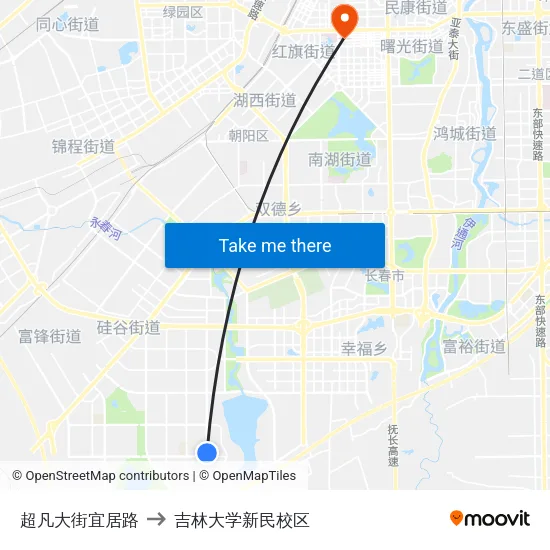 超凡大街宜居路 to 吉林大学新民校区 map