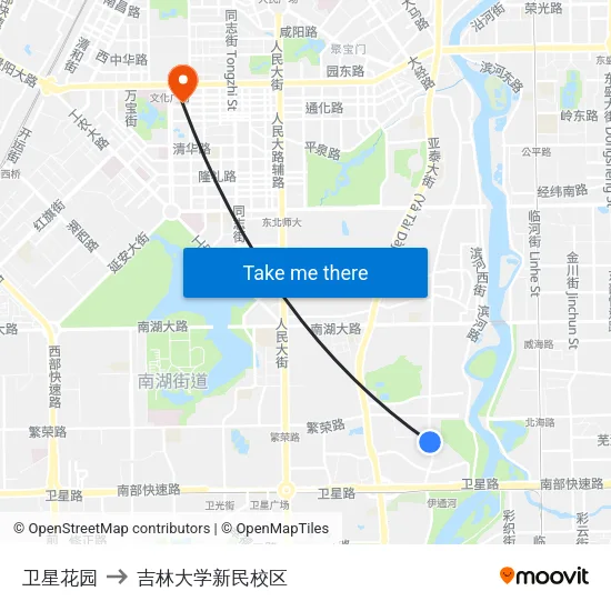 卫星花园 to 吉林大学新民校区 map