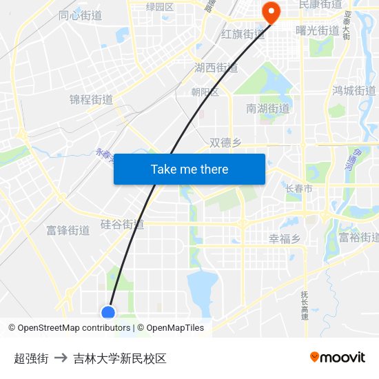 超强街 to 吉林大学新民校区 map