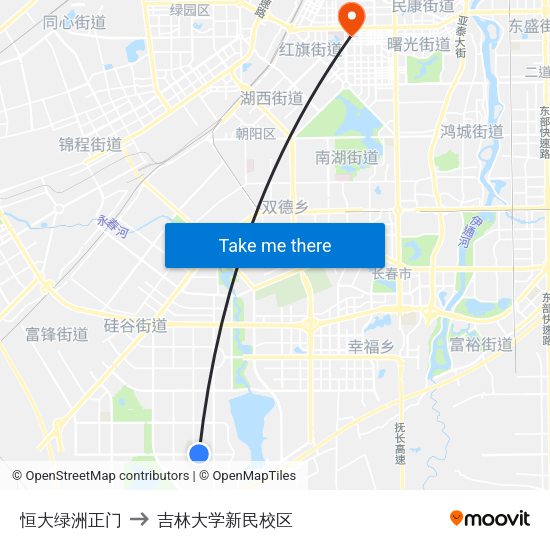 恒大绿洲正门 to 吉林大学新民校区 map