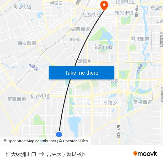 恒大绿洲正门 to 吉林大学新民校区 map