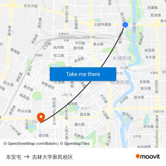 东安屯 to 吉林大学新民校区 map
