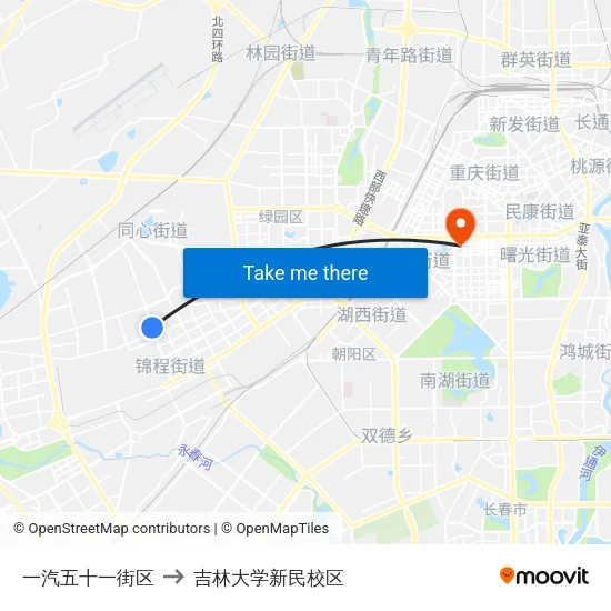 一汽五十一街区 to 吉林大学新民校区 map
