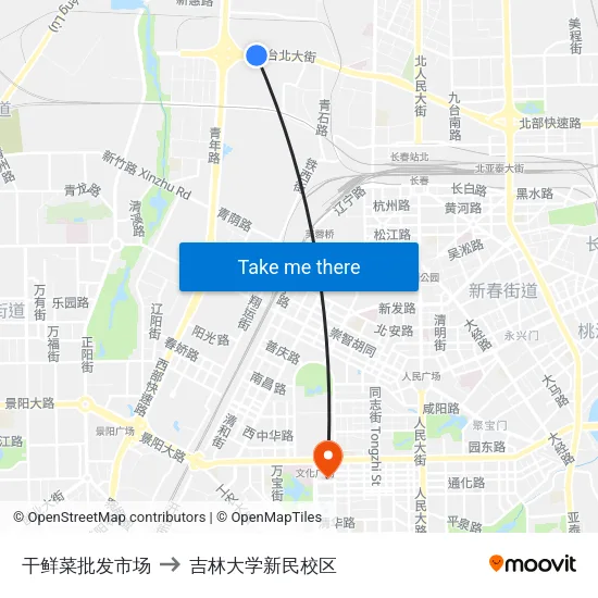 干鲜菜批发市场 to 吉林大学新民校区 map