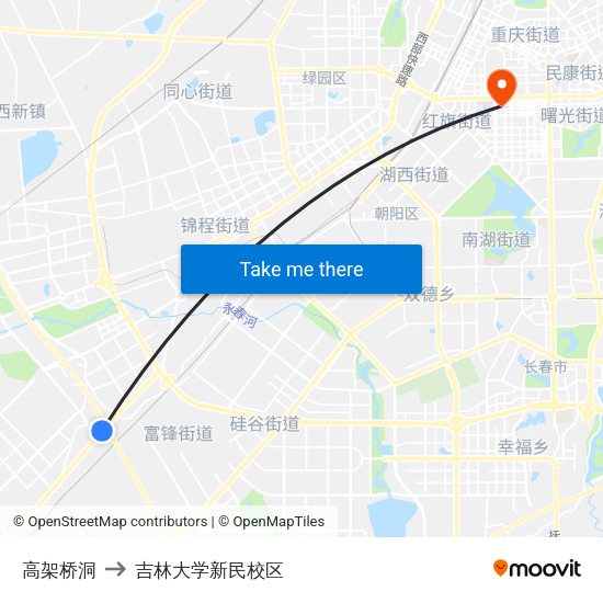 高架桥洞 to 吉林大学新民校区 map