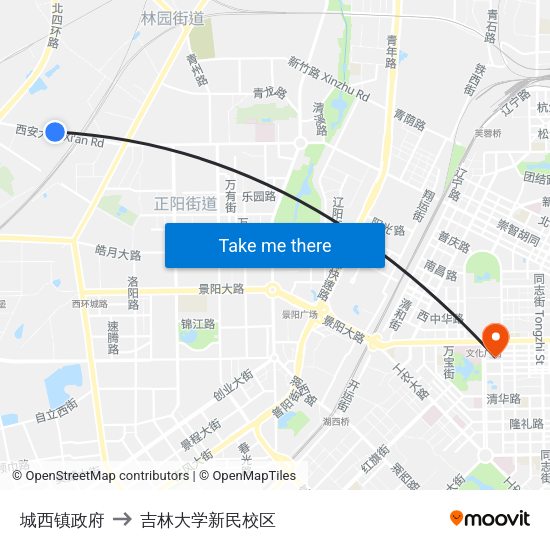 城西镇政府 to 吉林大学新民校区 map