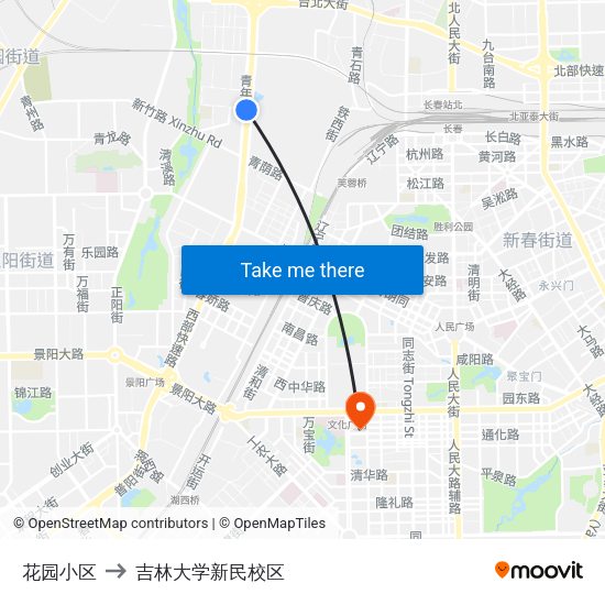 花园小区 to 吉林大学新民校区 map
