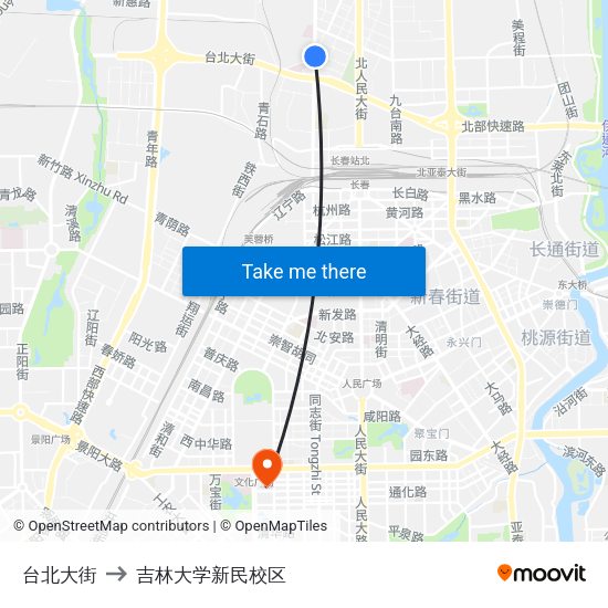 台北大街 to 吉林大学新民校区 map