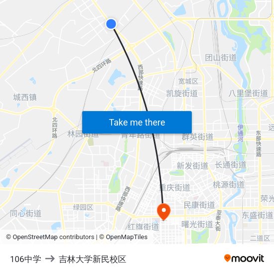 106中学 to 吉林大学新民校区 map