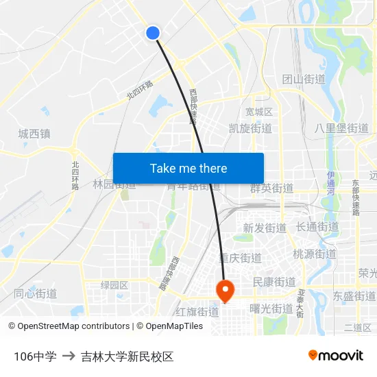 106中学 to 吉林大学新民校区 map