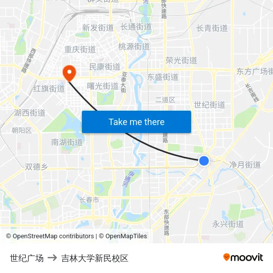 世纪广场 to 吉林大学新民校区 map